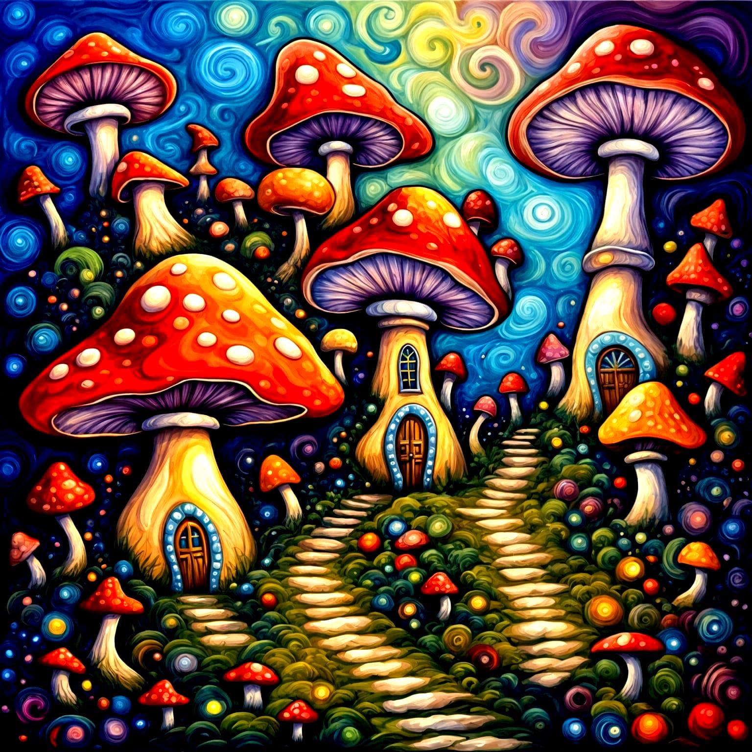 Fantasy fairy mushroom house village, contained chaos in the...