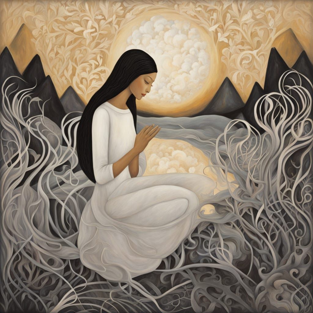 Serene Earth Goddess Among Glowing Ethereal Beings in Dreaml...