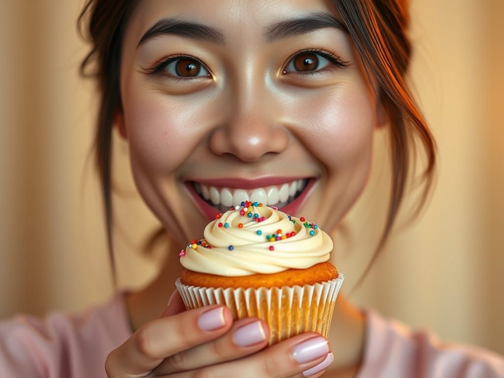 Joyful Woman Savoring Delightful Cupcake in Hyper-Realistic...