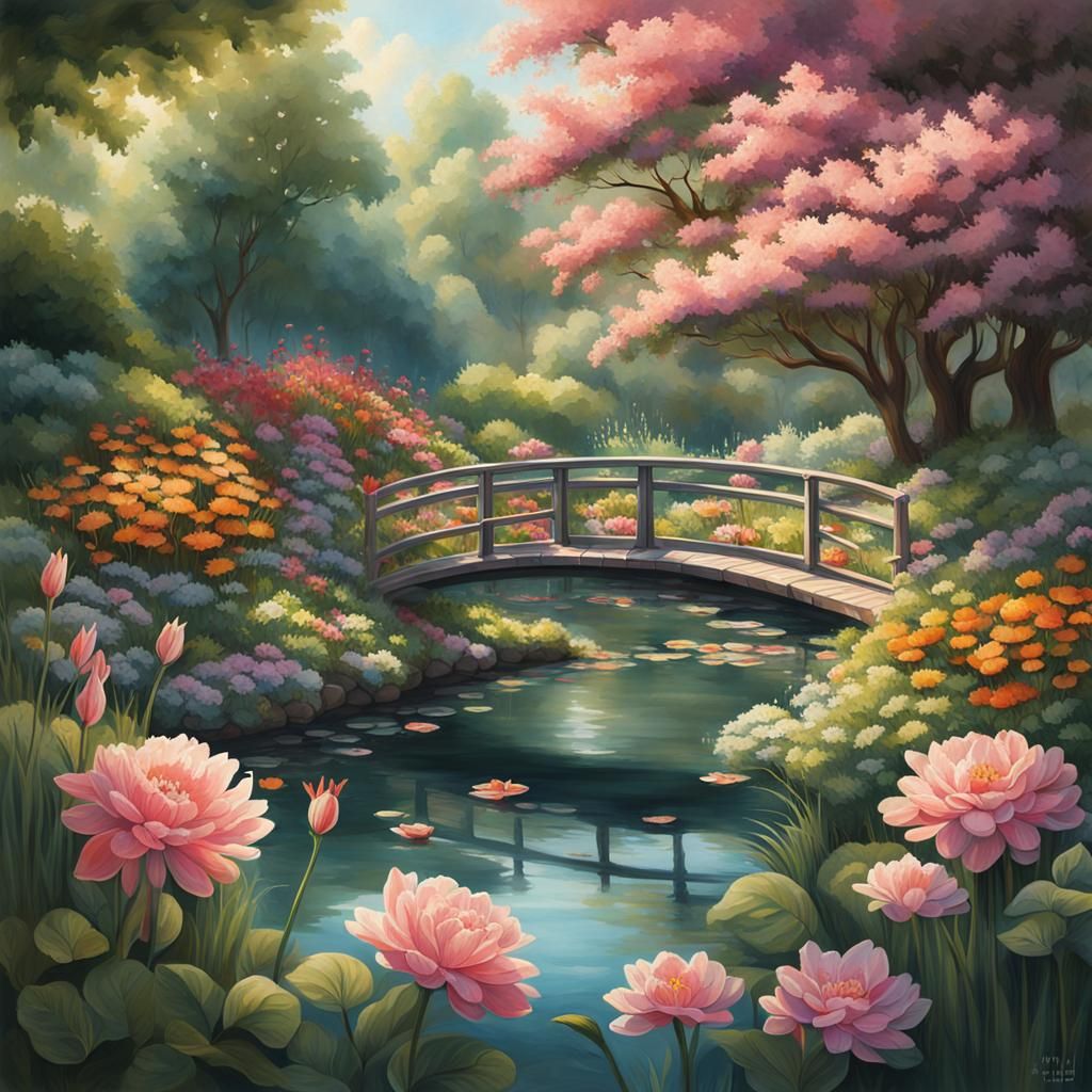 Hyperrealistic Peaceful Garden Scene with Pond