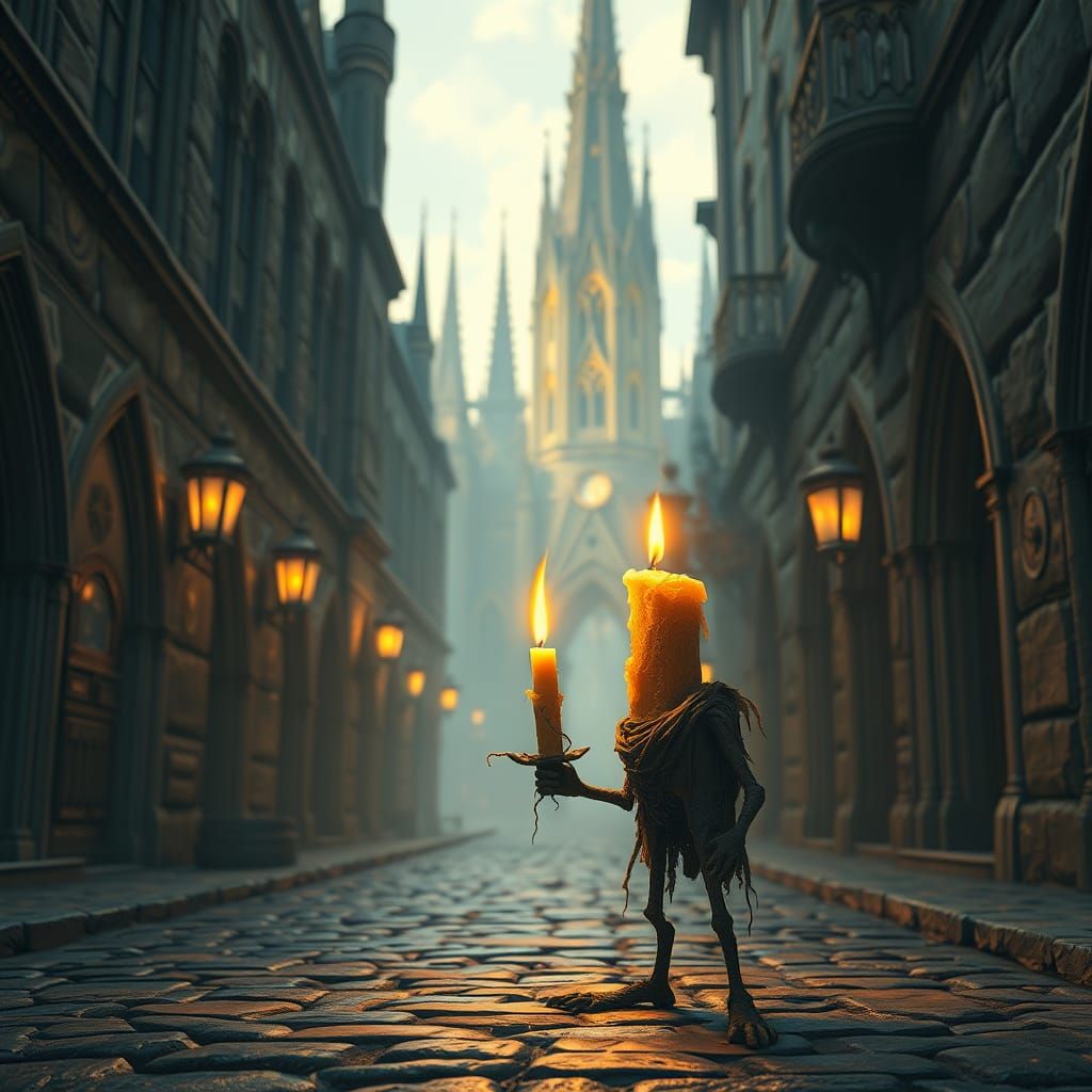 Beggar Candle on Mystical Cobblestone Street