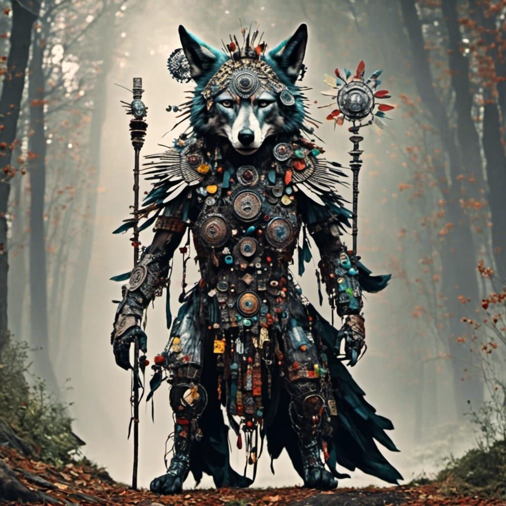 <lora:Wolf 2:1.0> Wolf man cyber shaman