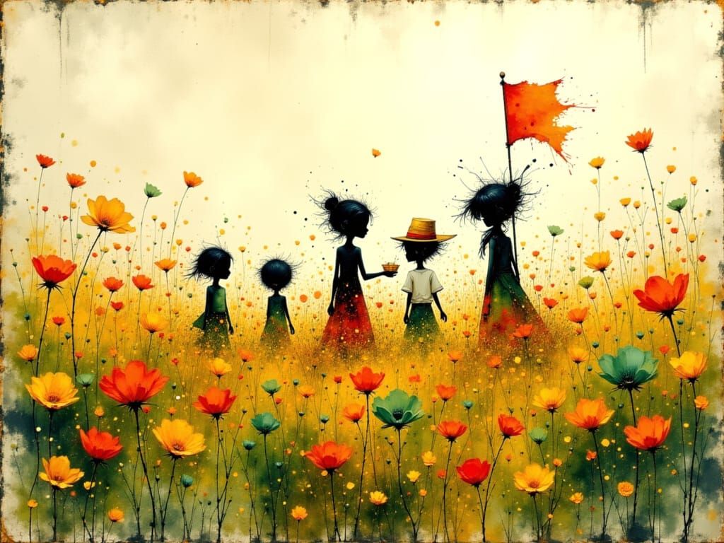 Whimsical Creatures Parade in Golden Floral Landscape