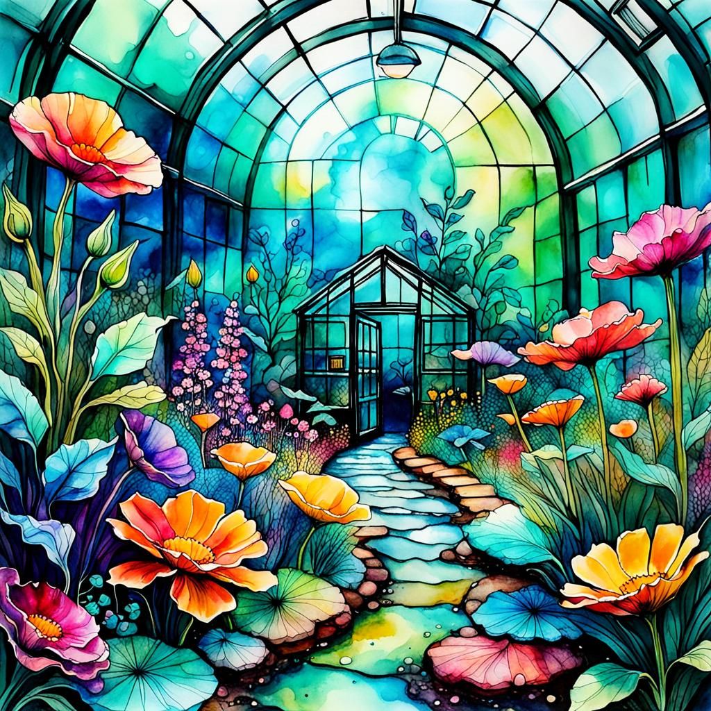 Alien Greenhouse Flowers in Alcohol Ink Style