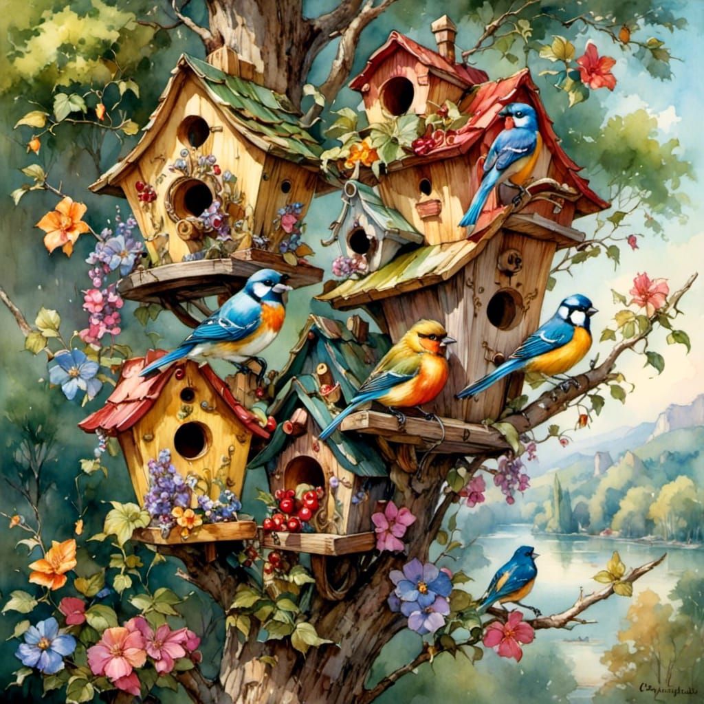 Colorful Birds and Birdhouse in Fairy Tale Style