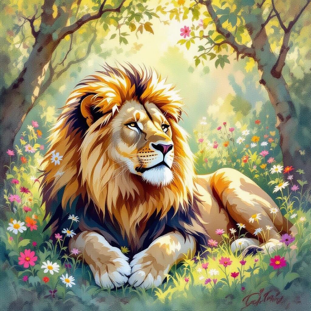 Lion with Wildflower Mane in Watercolor Style