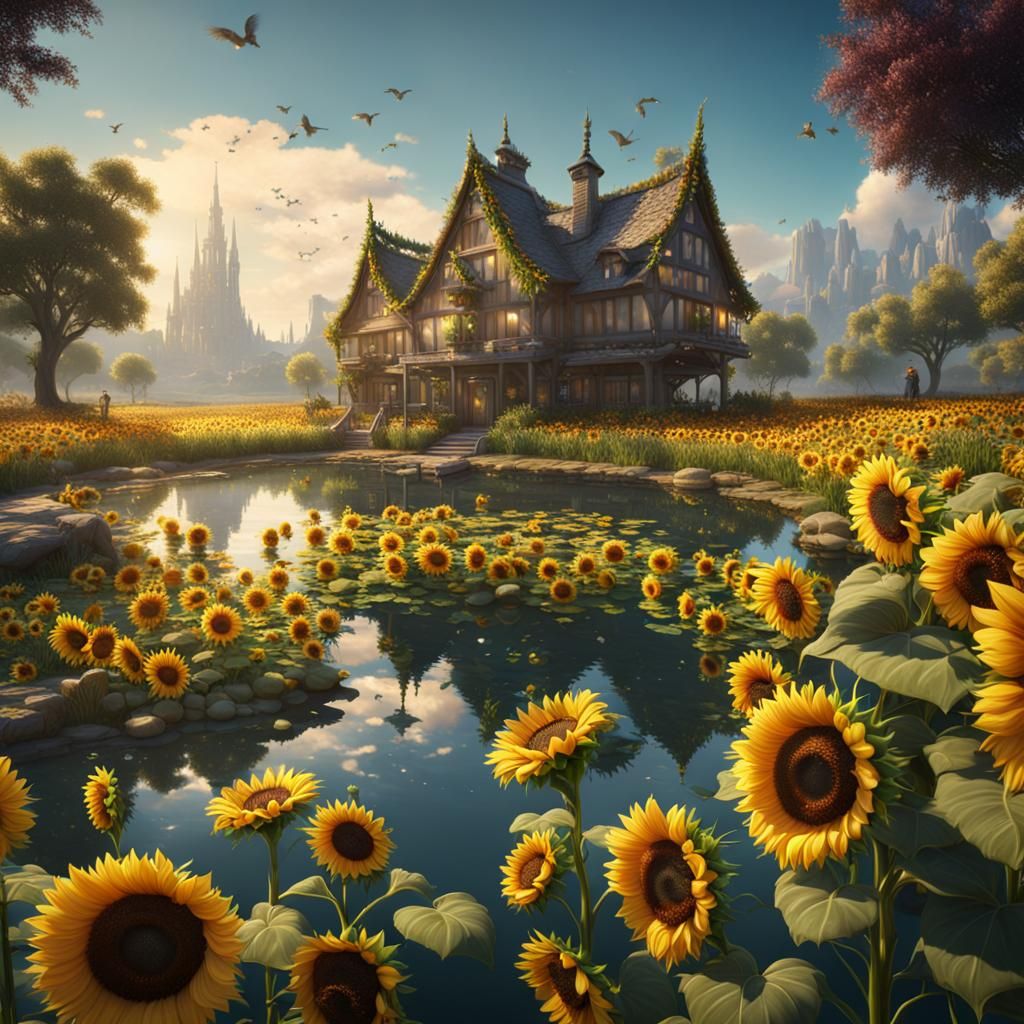 Sunflowers Overlooking Pond: Detailed Fantasy Concept Art