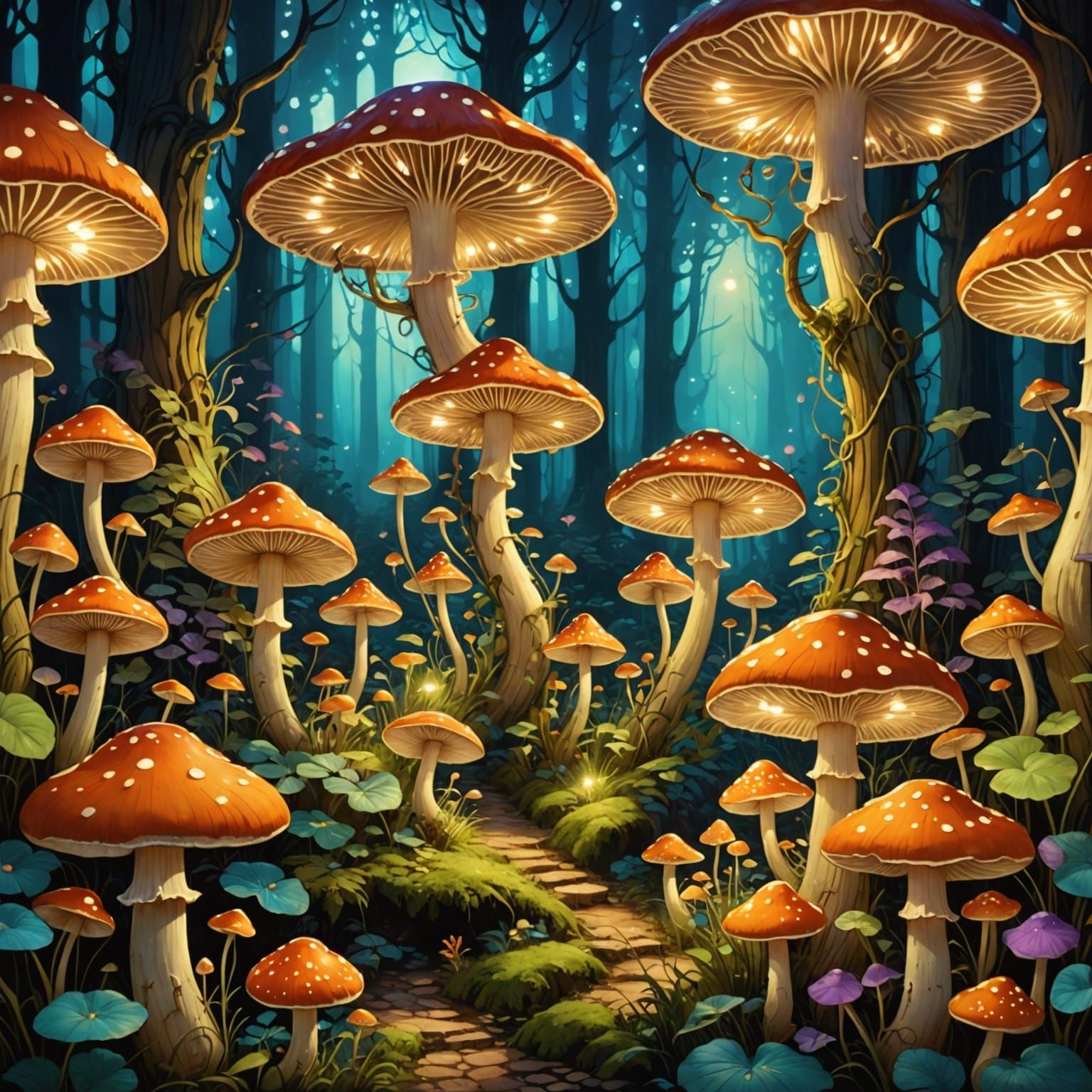 Enchanted Forest with Luminous Mushrooms in Art Nouveau