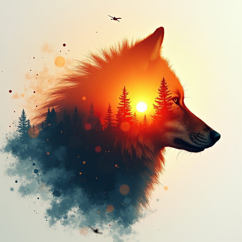 Wolf and Sunset Watercolor Double Exposure Art