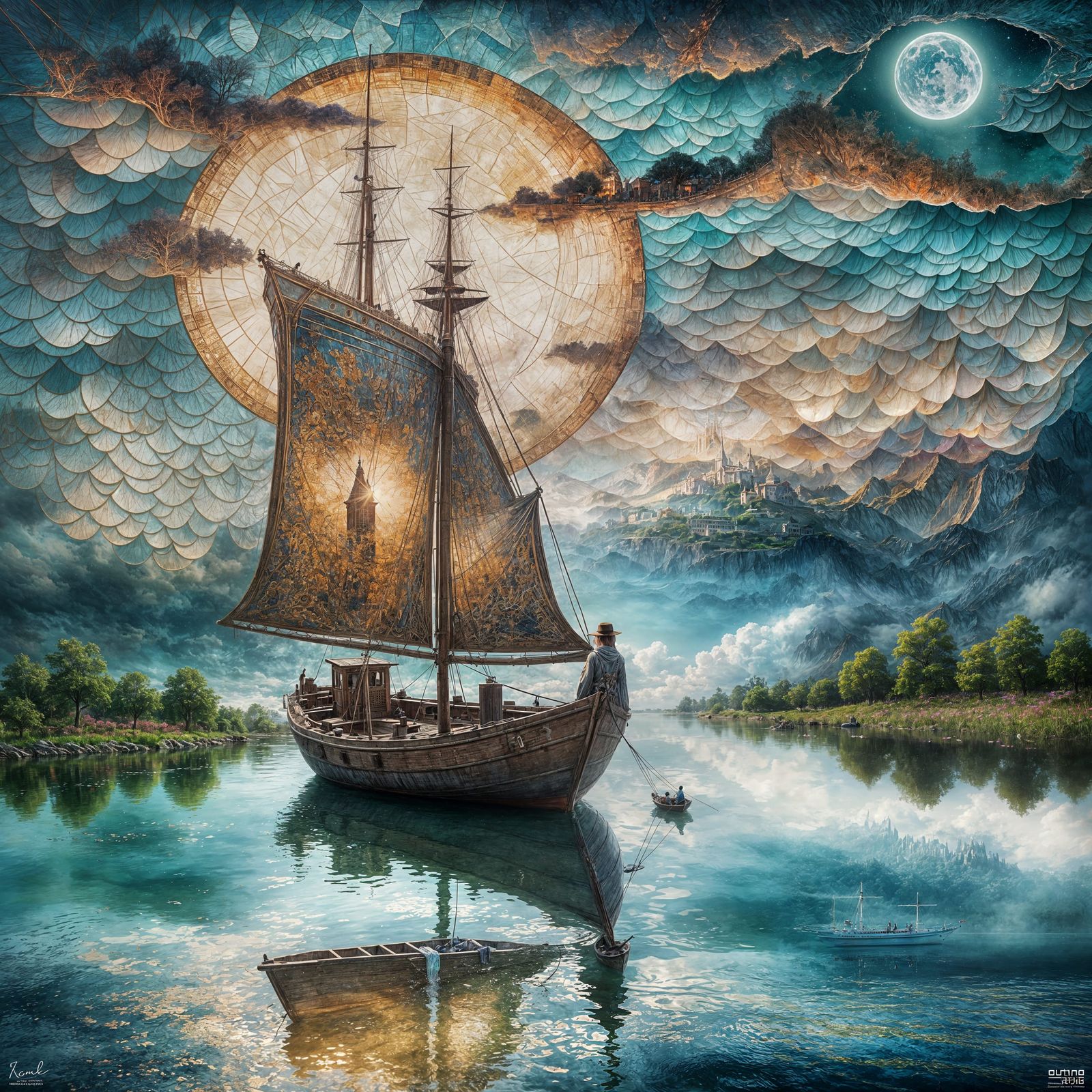 Boat on Calm Water: Double Exposure Mosaic