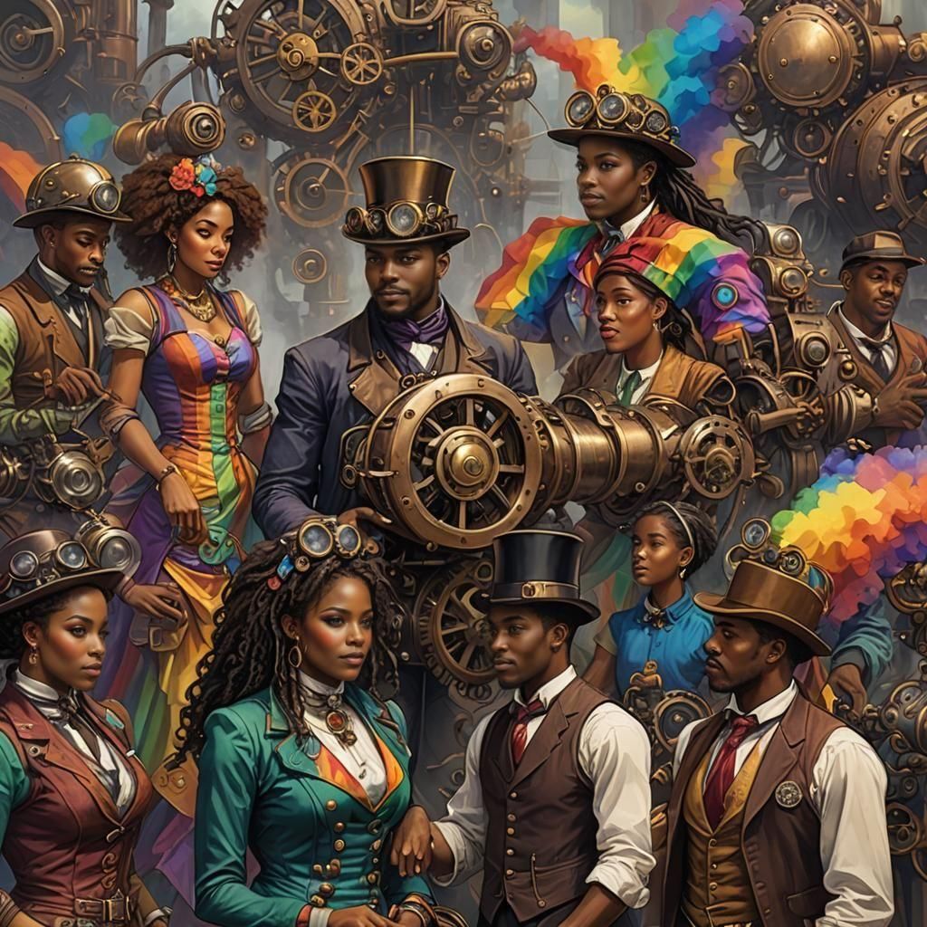 African Americans in Rainbow Attire with Steampunk Engine