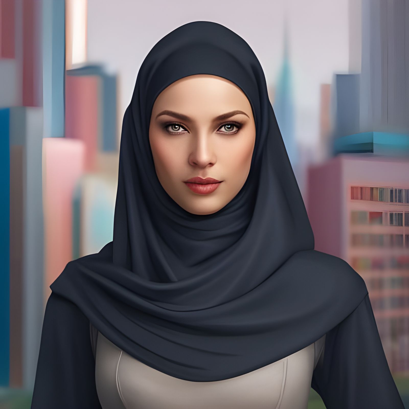 Woman in Hijab, Futuristic Cityscape Art