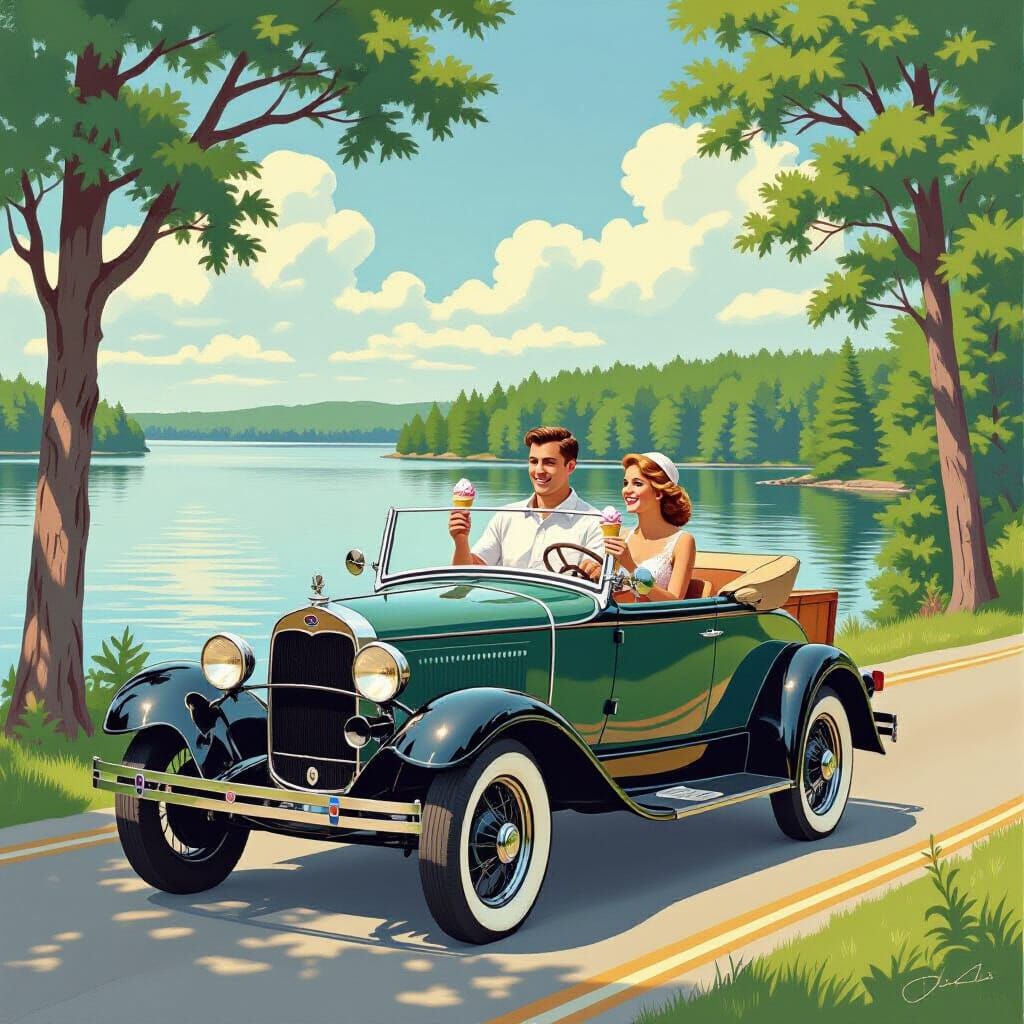Vintage Couple Enjoying Ice Cream in Maine Landscape