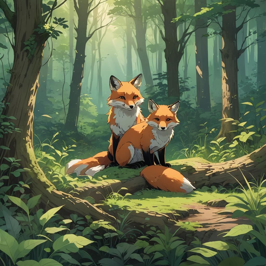 Anime Style Fox and Cub in Forest Clearing
