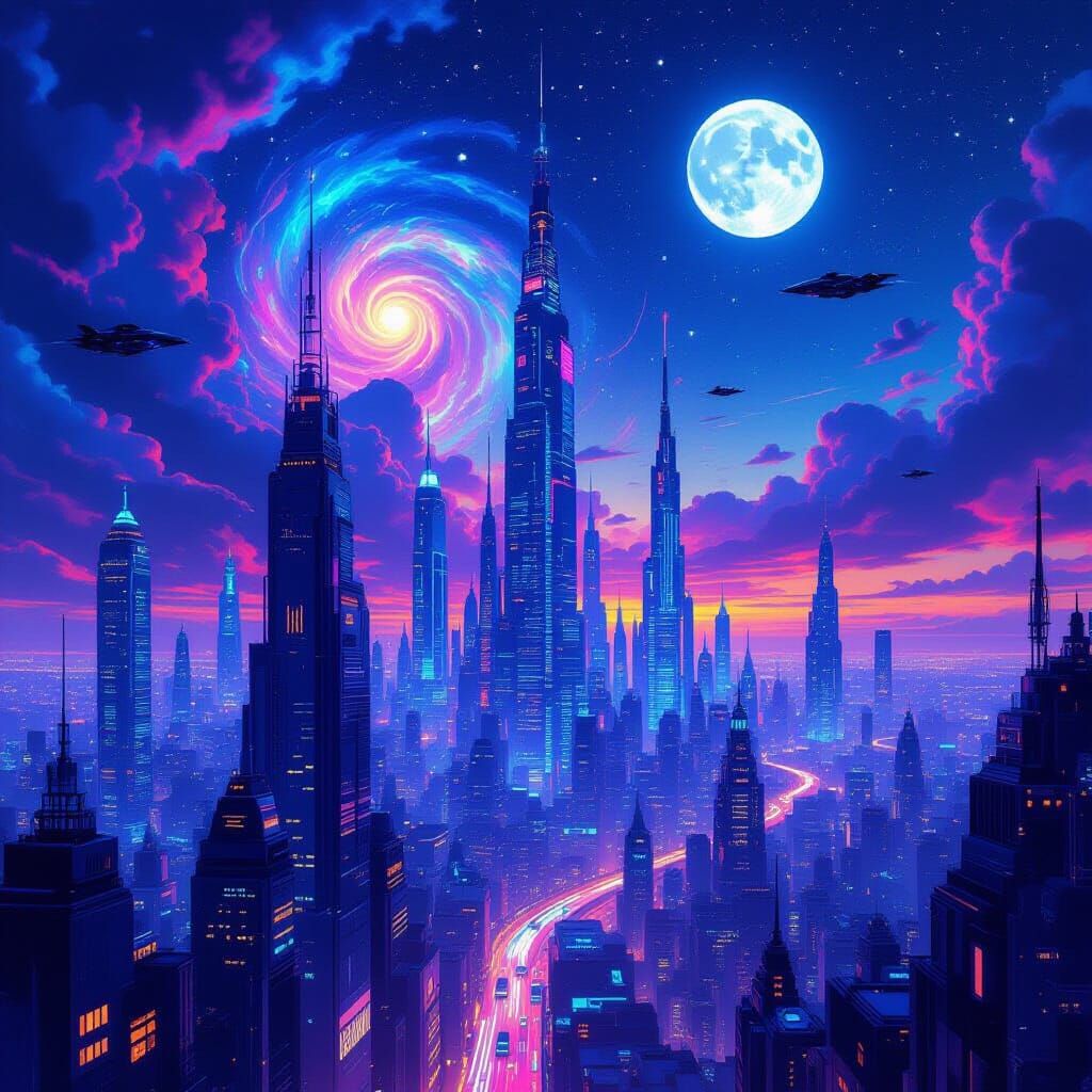 Psychedelic Future Cityscape at Dusk with Neon Skyscrapers