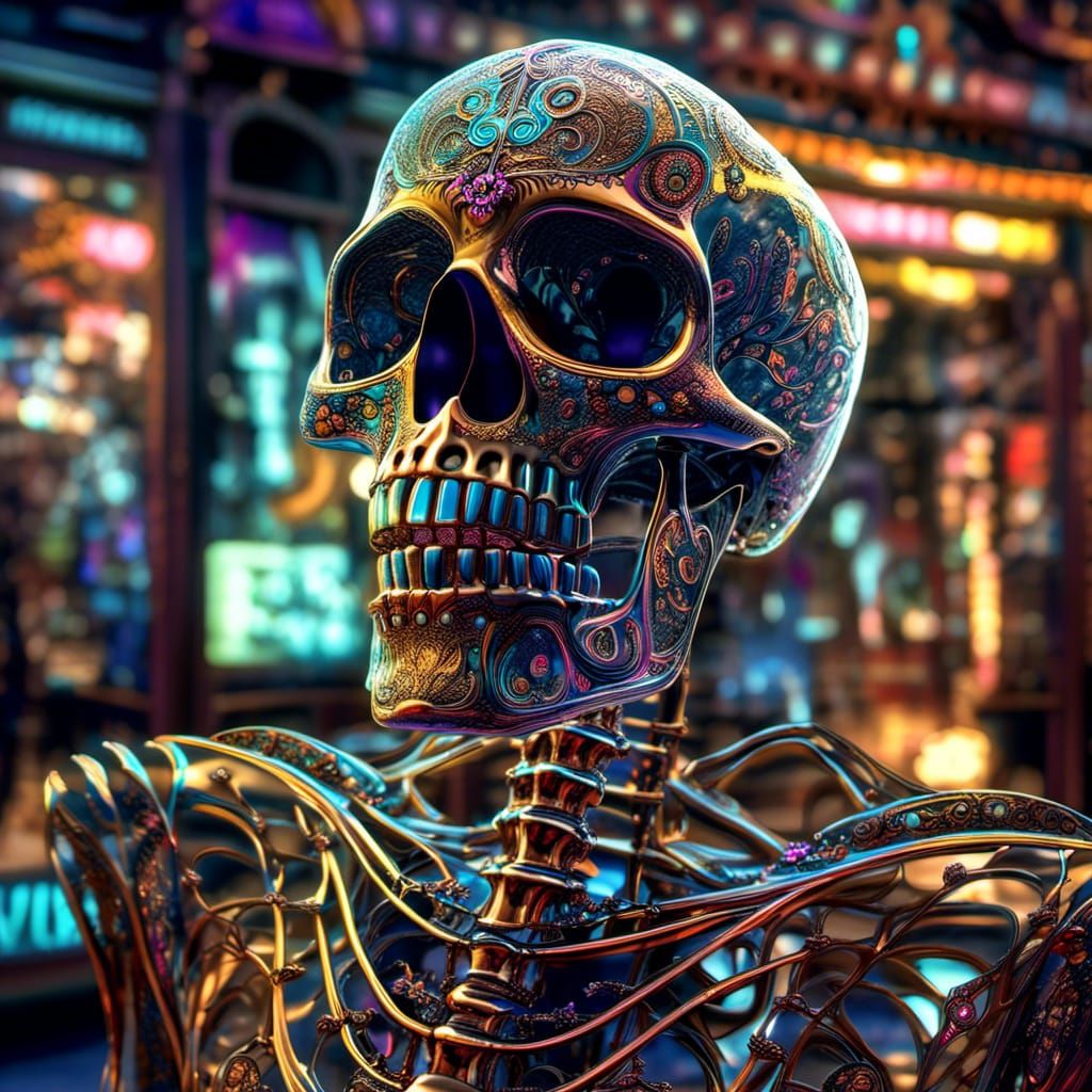 Laughing Translucent Skeleton in Gothic Ghost Town