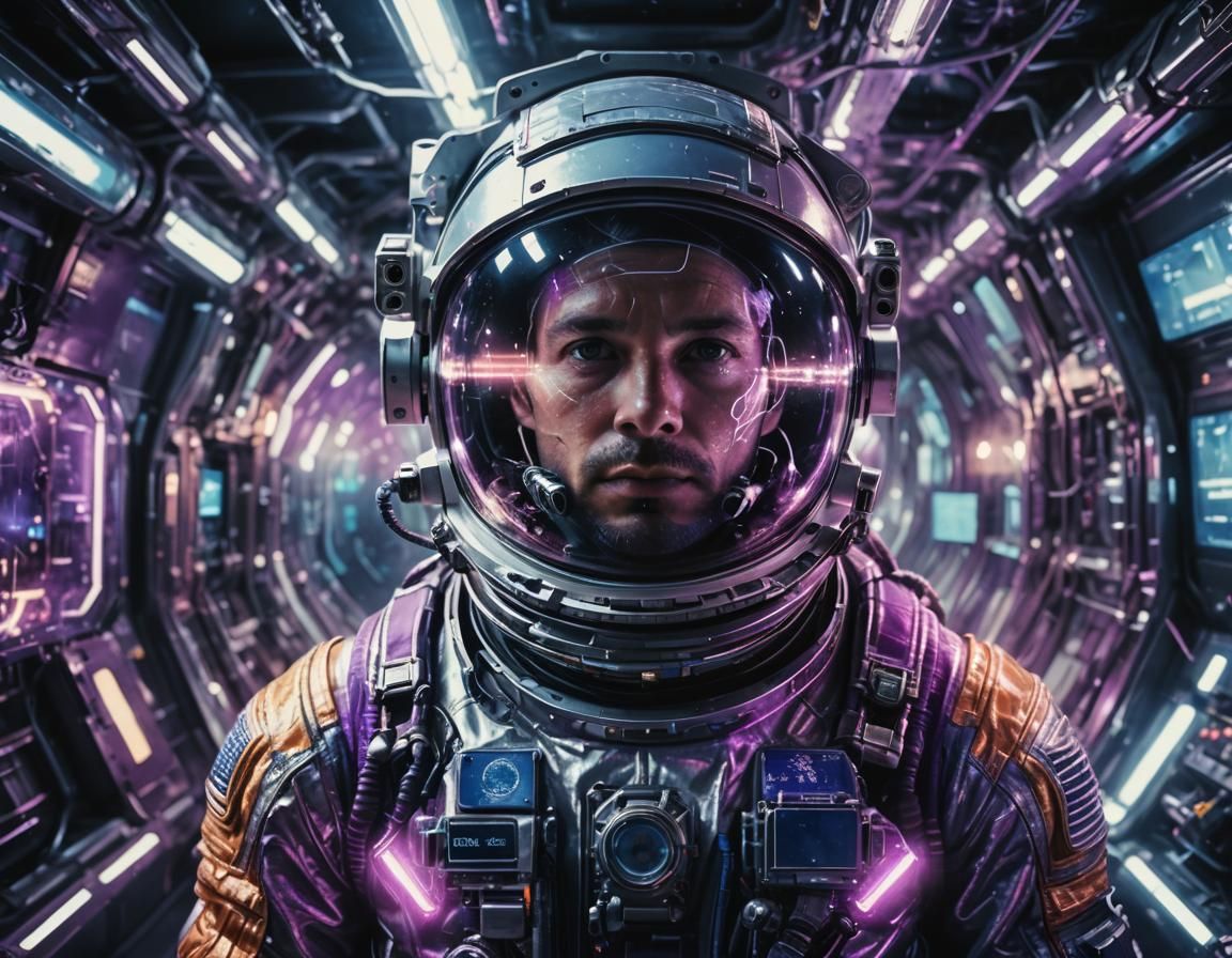 Astronaut in Double Exposure with Glowing Circuitry