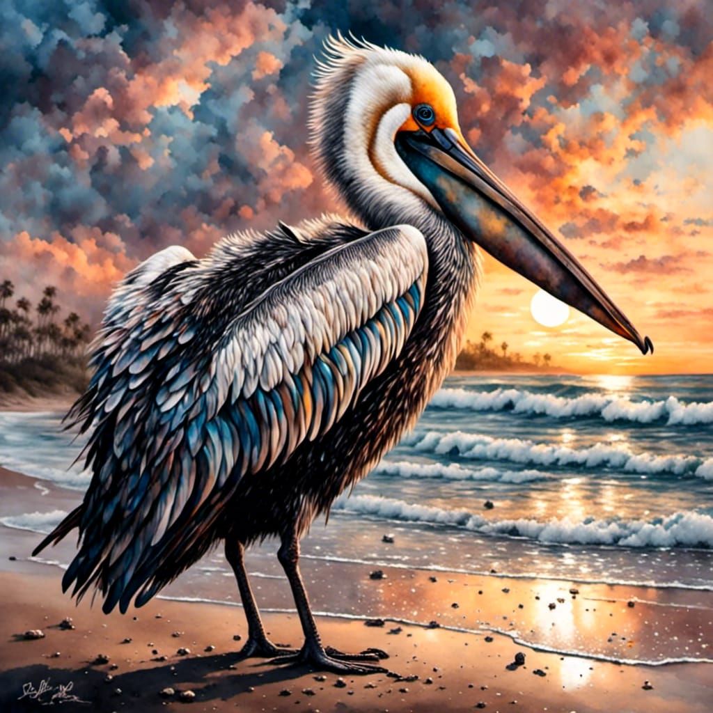 Pelican Drying Wings at Sunrise on Beach