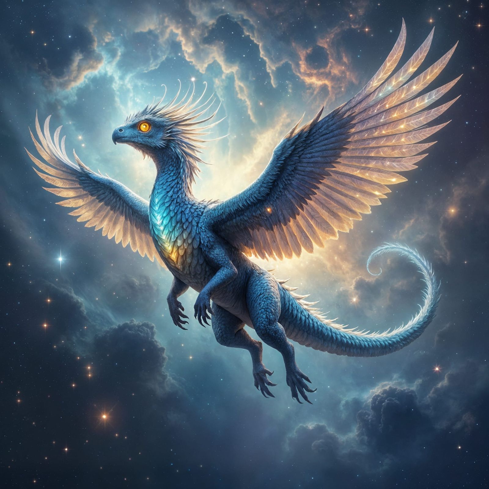 Feathered Dinosaur Soaring Through Cosmic Nebula