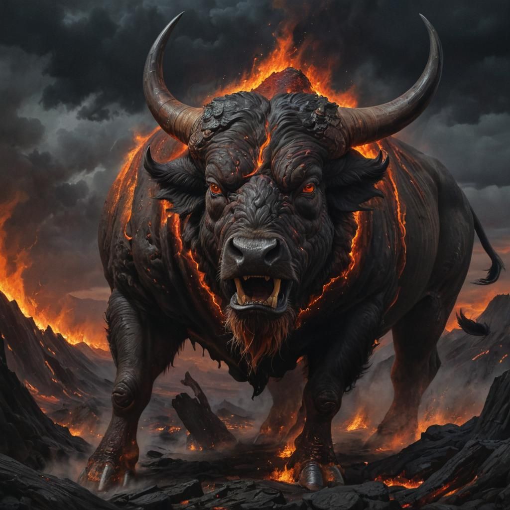 Terrifying Lava Buffalo Painting in Hyperrealistic Style