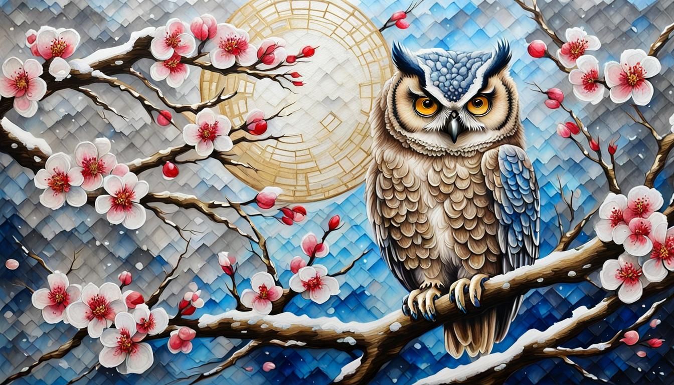 Expressive Japanese Owl in Cherry Blossoms: Gilded Impasto S...