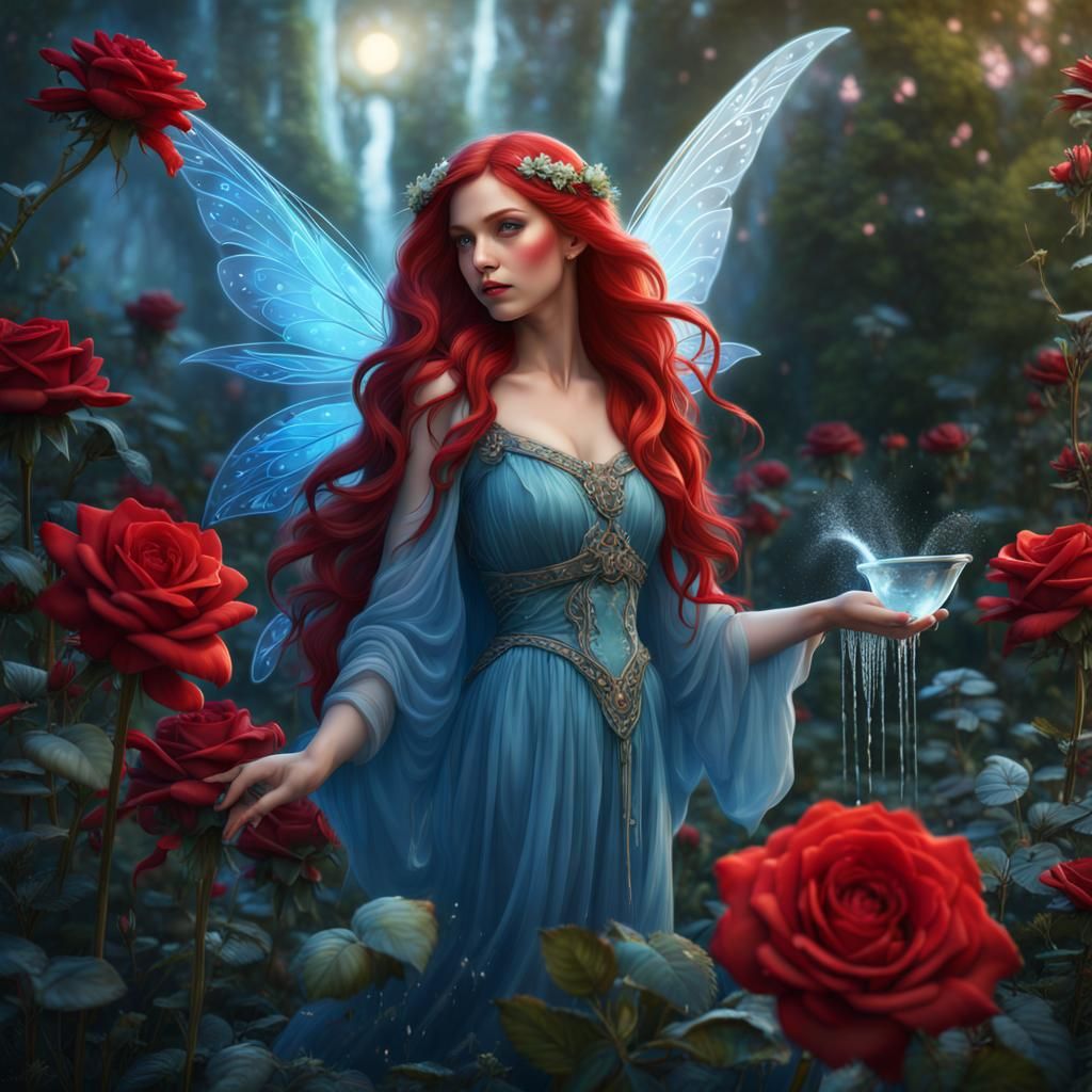 Fairy Watering Roses in Dreamy Garden: Matte Painting