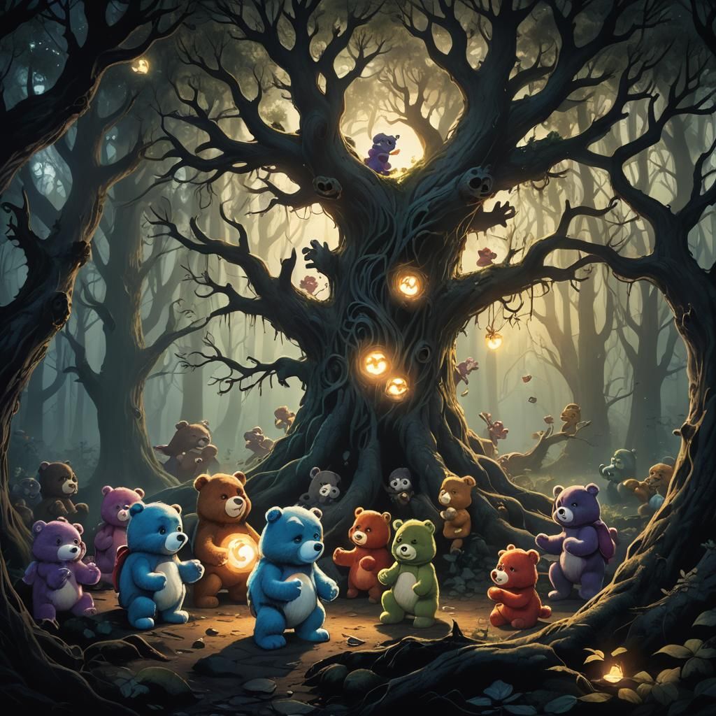 Care Bears in Haunted Forest: Dark Fantasy Illustration