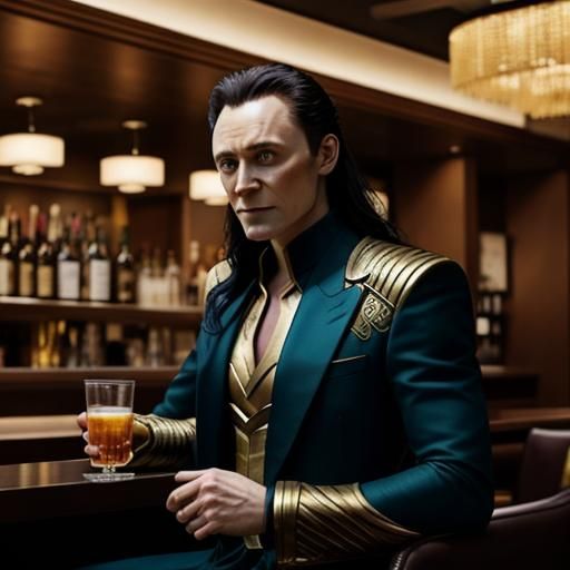Marvel's Loki in a hotel bar sipping mead, his suit made of flames.
