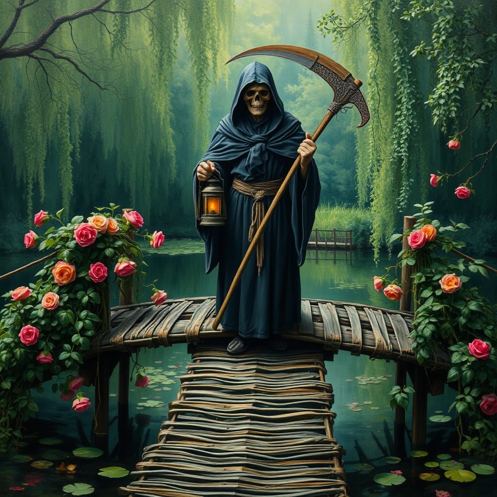 Monet-Style Grim Reaper Overlooking Overgrown Pond