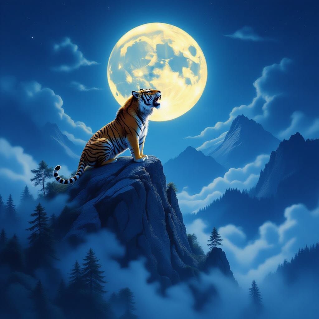 Tiger Roaring at Moonlit Mountain Peak in Fantasy Style