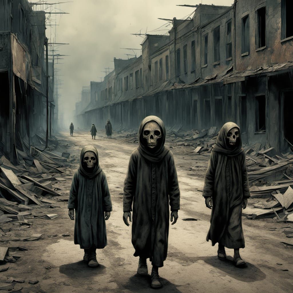 Surreal Scene of Gaunt Figures in Urban Decay