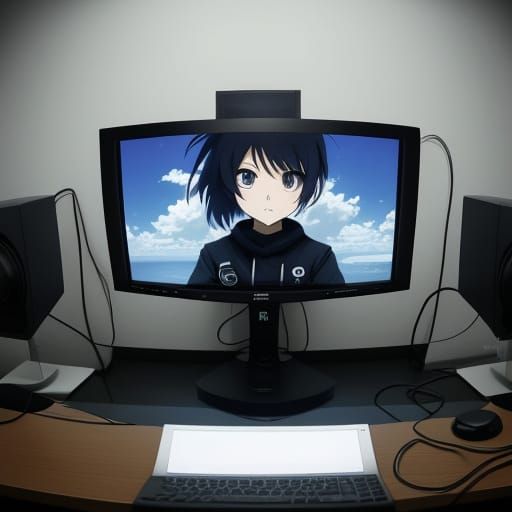 Cyberpunk Anime Girl Explores Computer Screen