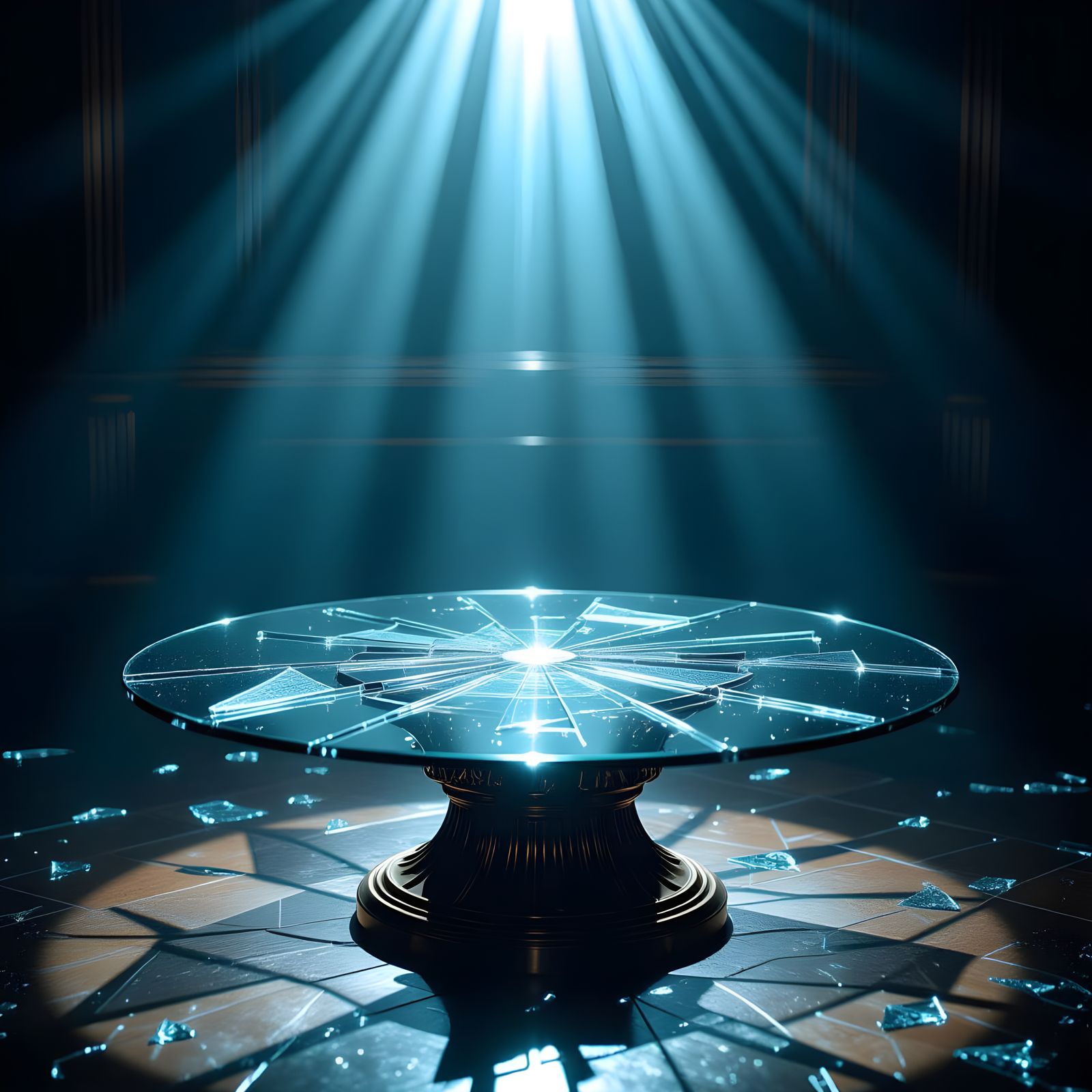 Shattered Glass Table in Dramatic Light, Digital Art