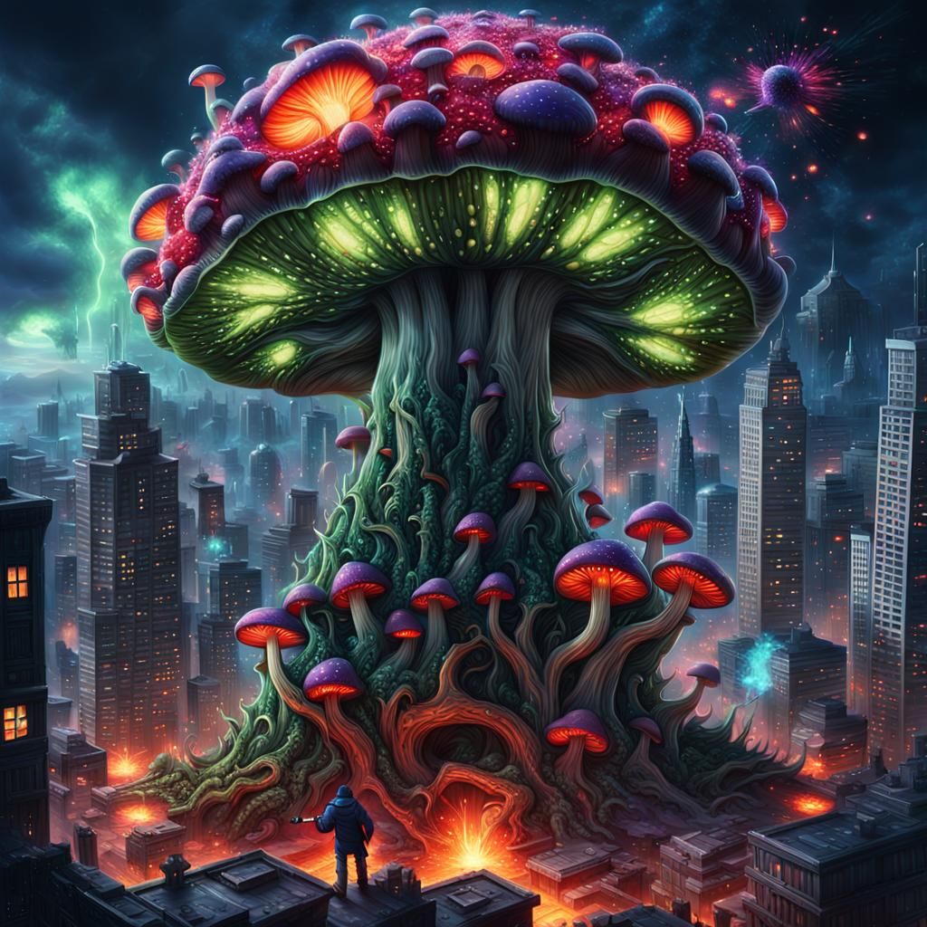 Monster Mushroom Destroys City in Digital Art