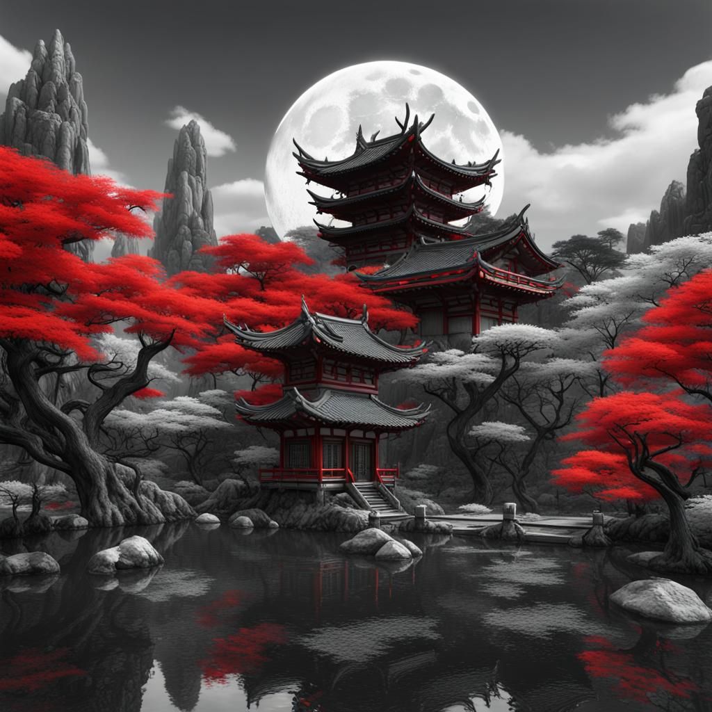 Red Dragon in Monochromatic Japanese Landscape