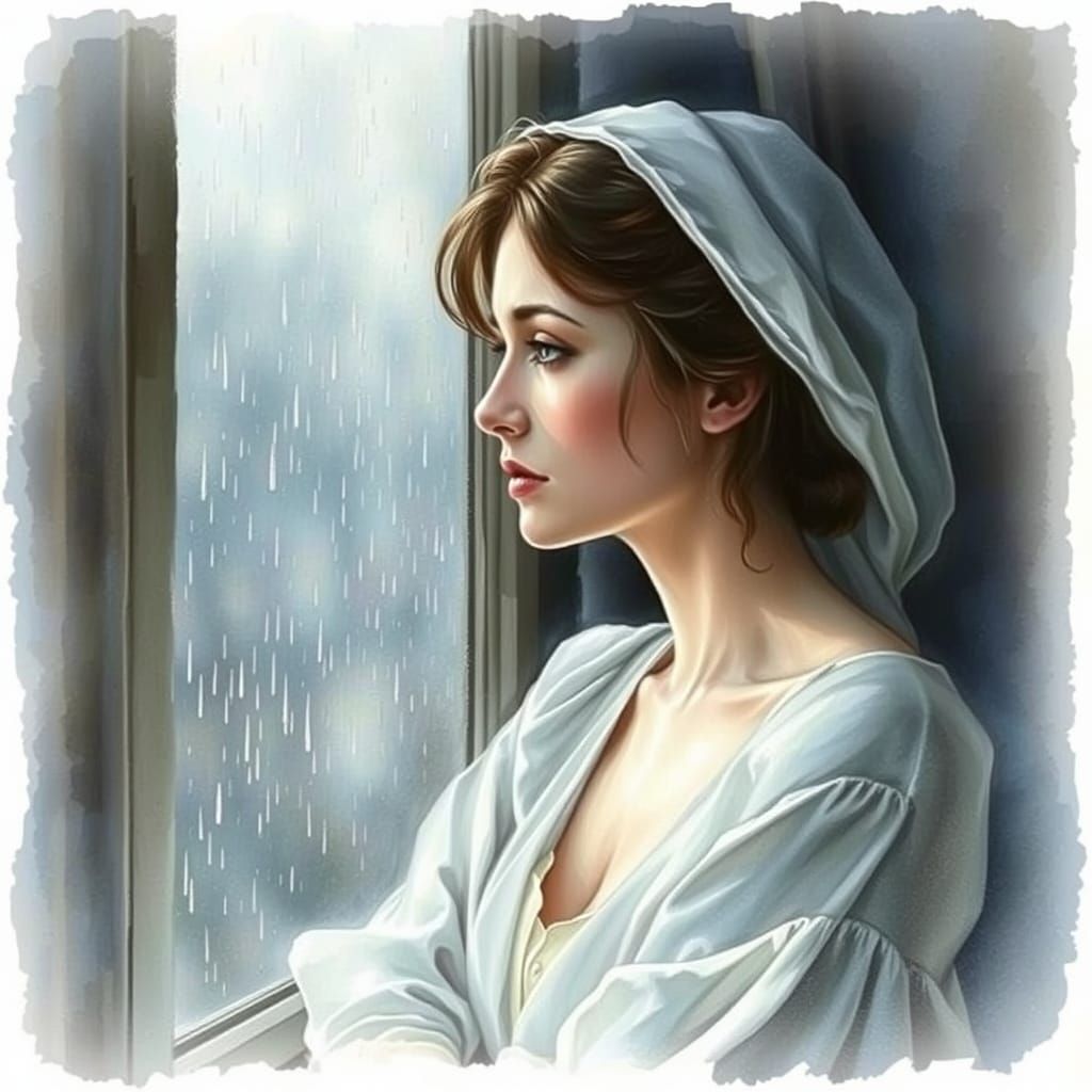 Woman Gazing Out Rainy Window in Ethereal Watercolor Style