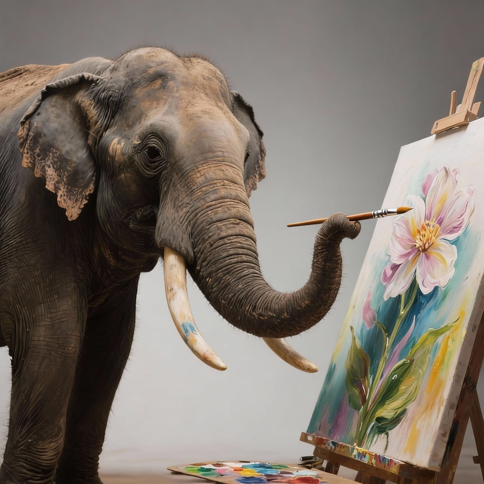 Realistic Elephant Painting a Flower with its Trunk