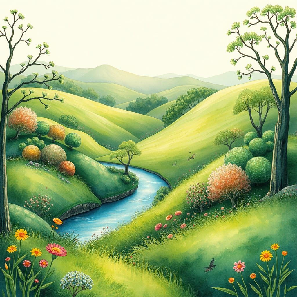 Whimsical Green Landscape in Storybook Illustration Style