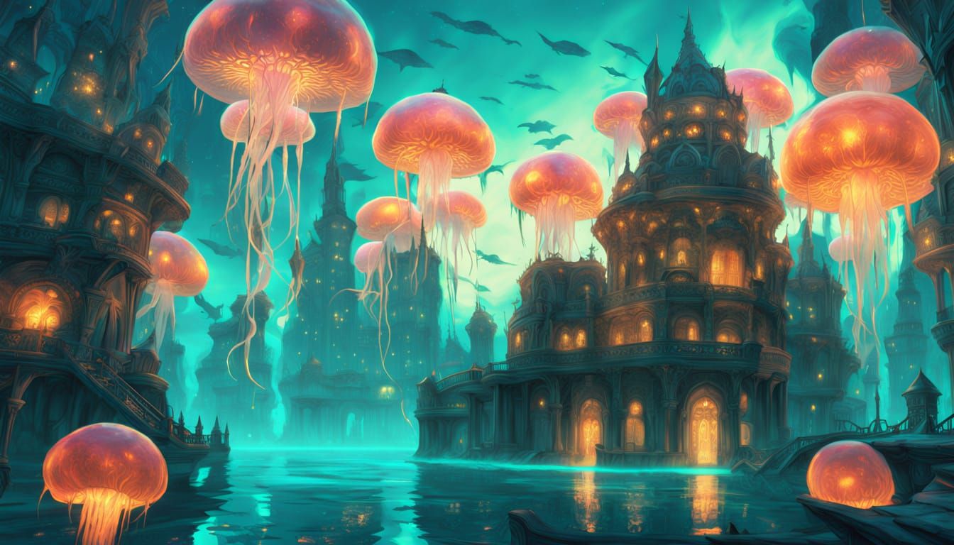 Underwater Metropolis with Bioluminescent Leviathans