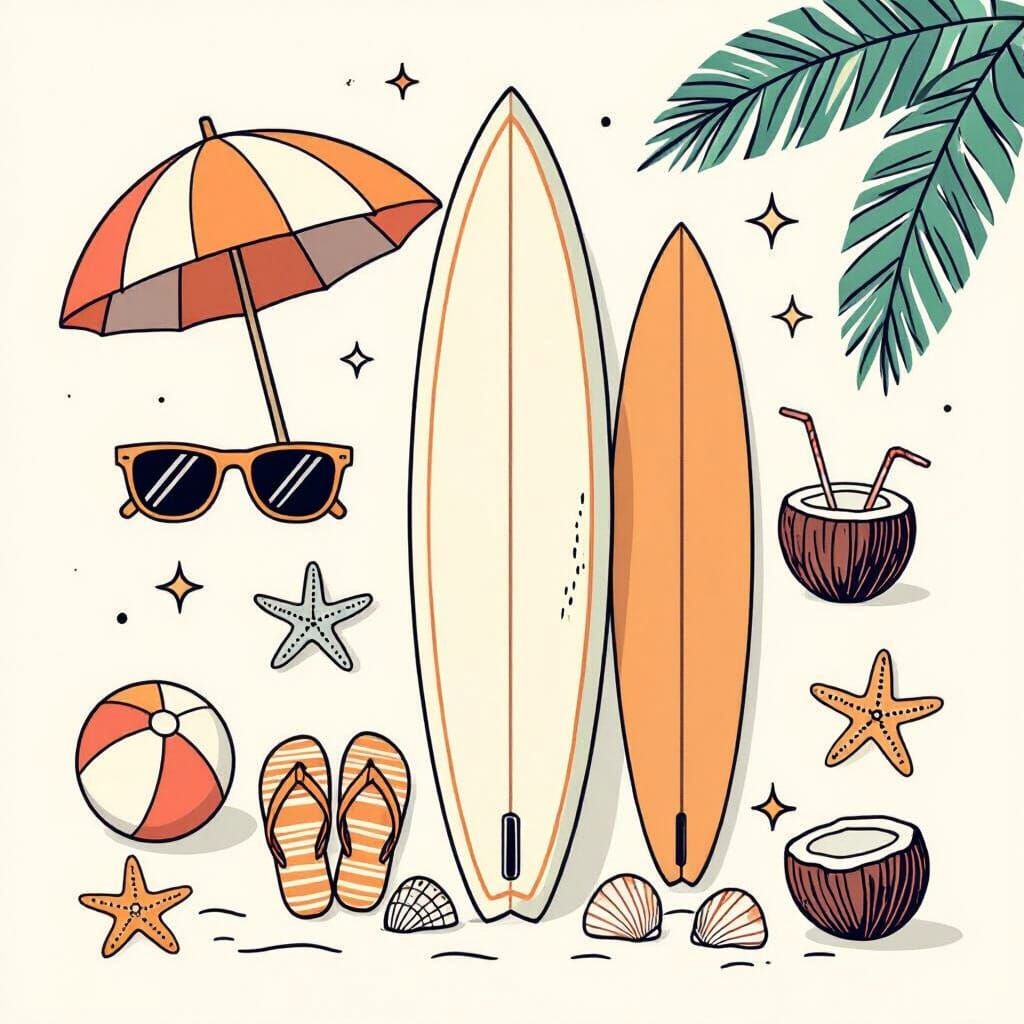 Beach Elements: Flat Vector Illustration in Pastel Colors