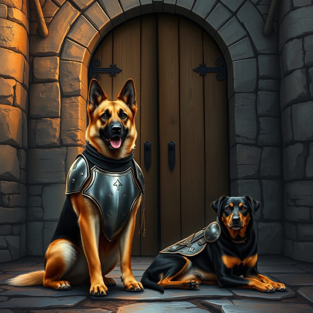 Dogs in Medieval Armor Guard Castle Entrance at Twilight