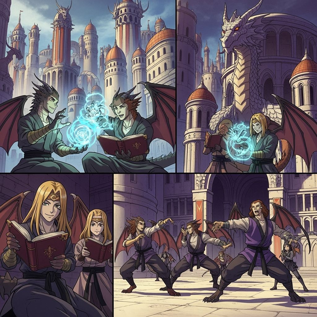 Draconic Humanoids in Vibrant Manga City