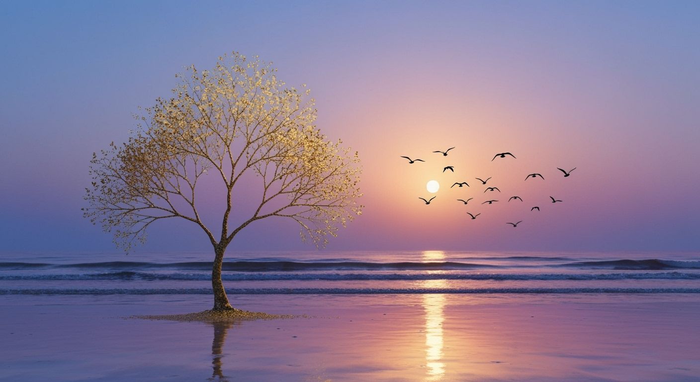 Dainty Tree with Gold Leaves on Seashore, Zen Style