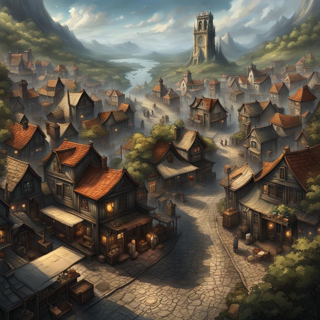 Bustling Virtual Town: Dark Fantasy Concept Art