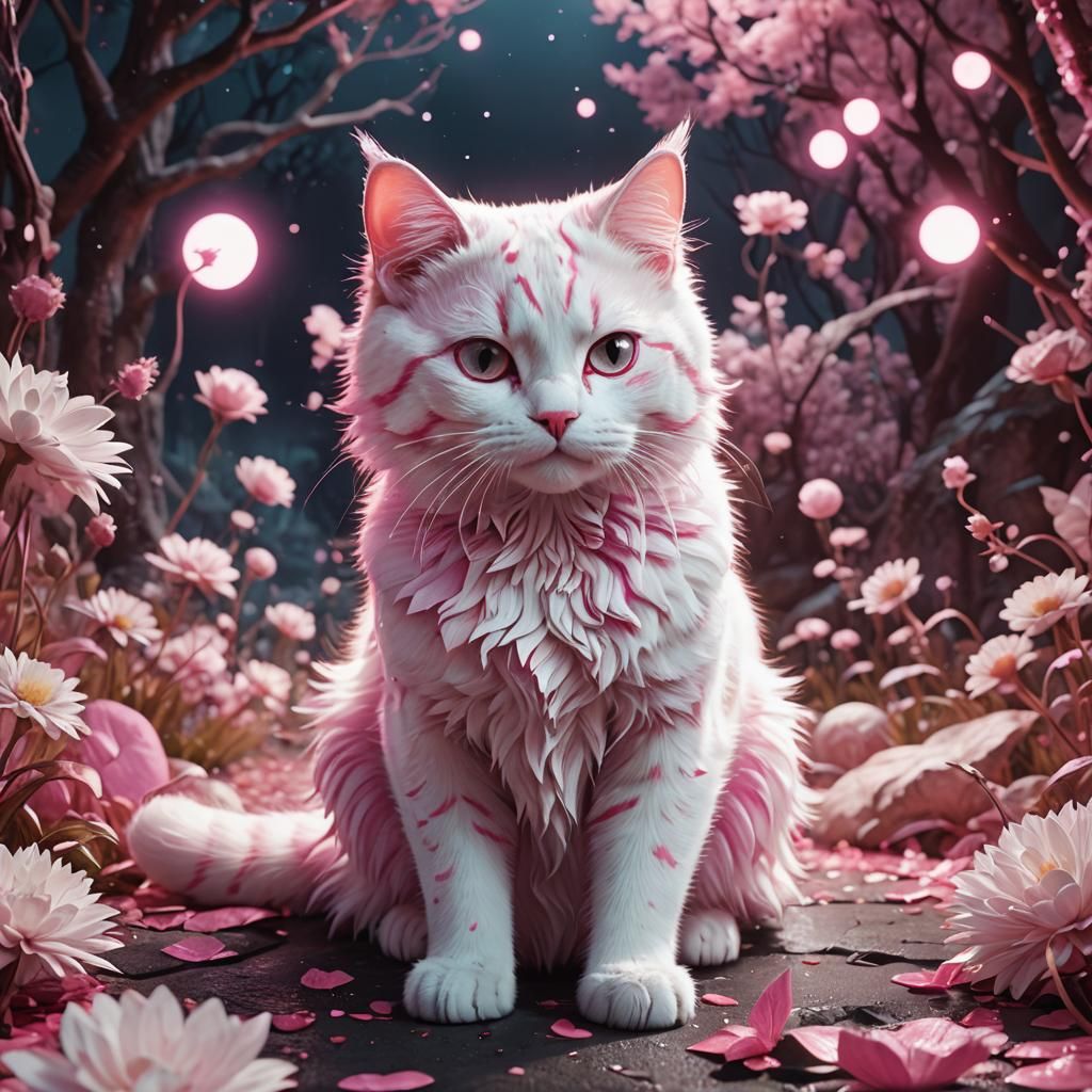 Luminescent Pink and White Cat in Detailed Matte Painting