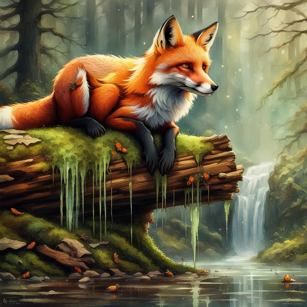 Fox and Glass Waterfall in Watercolor Style