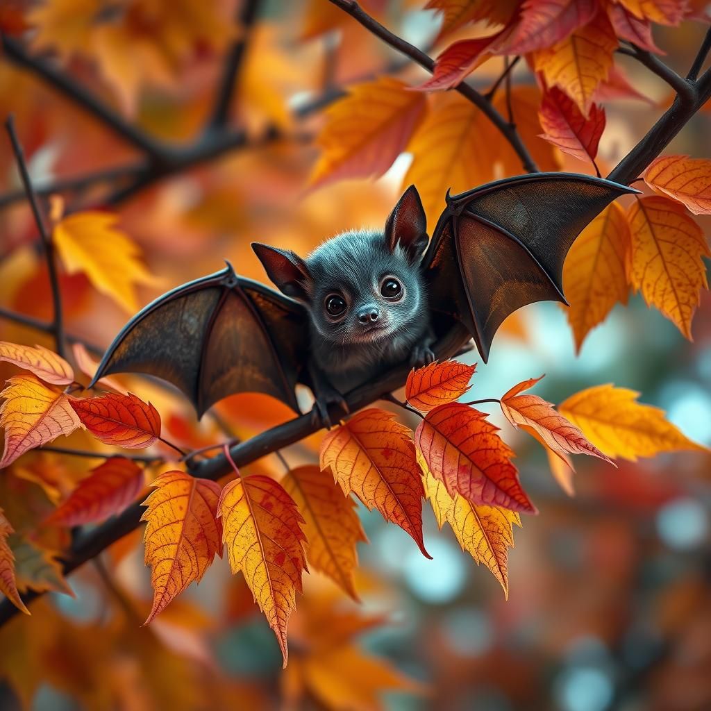 Cute Bat on Colorful Fall Tree Branch
