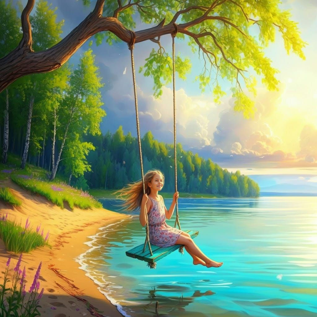 Girl on Turquoise Swing Over Ocean in Sunny Storm