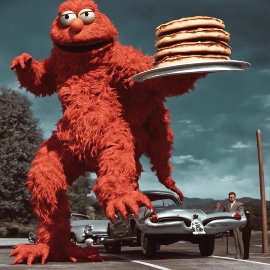 Kaiju Elmo Pancake Rampage in 1950s Horror Style