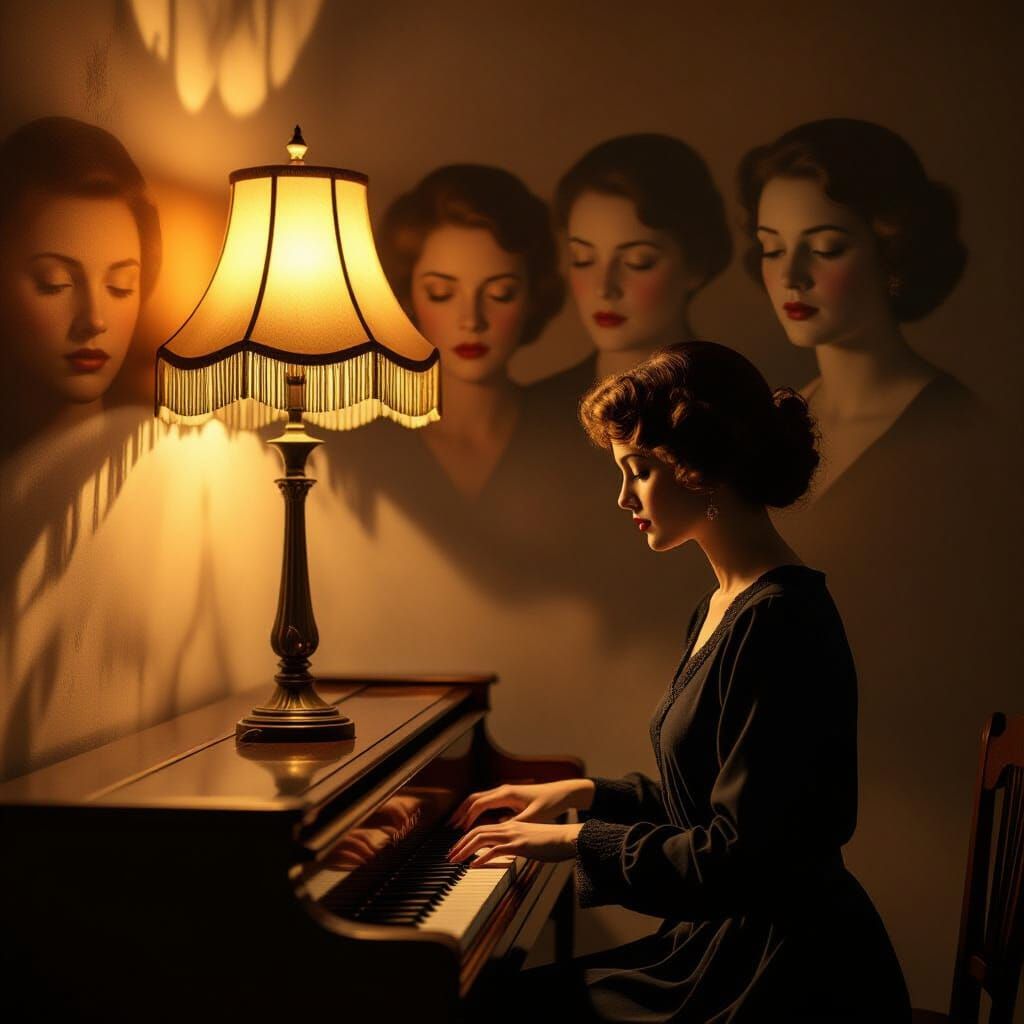 Vintage Lamp Glows Beside Piano with Faded Faces